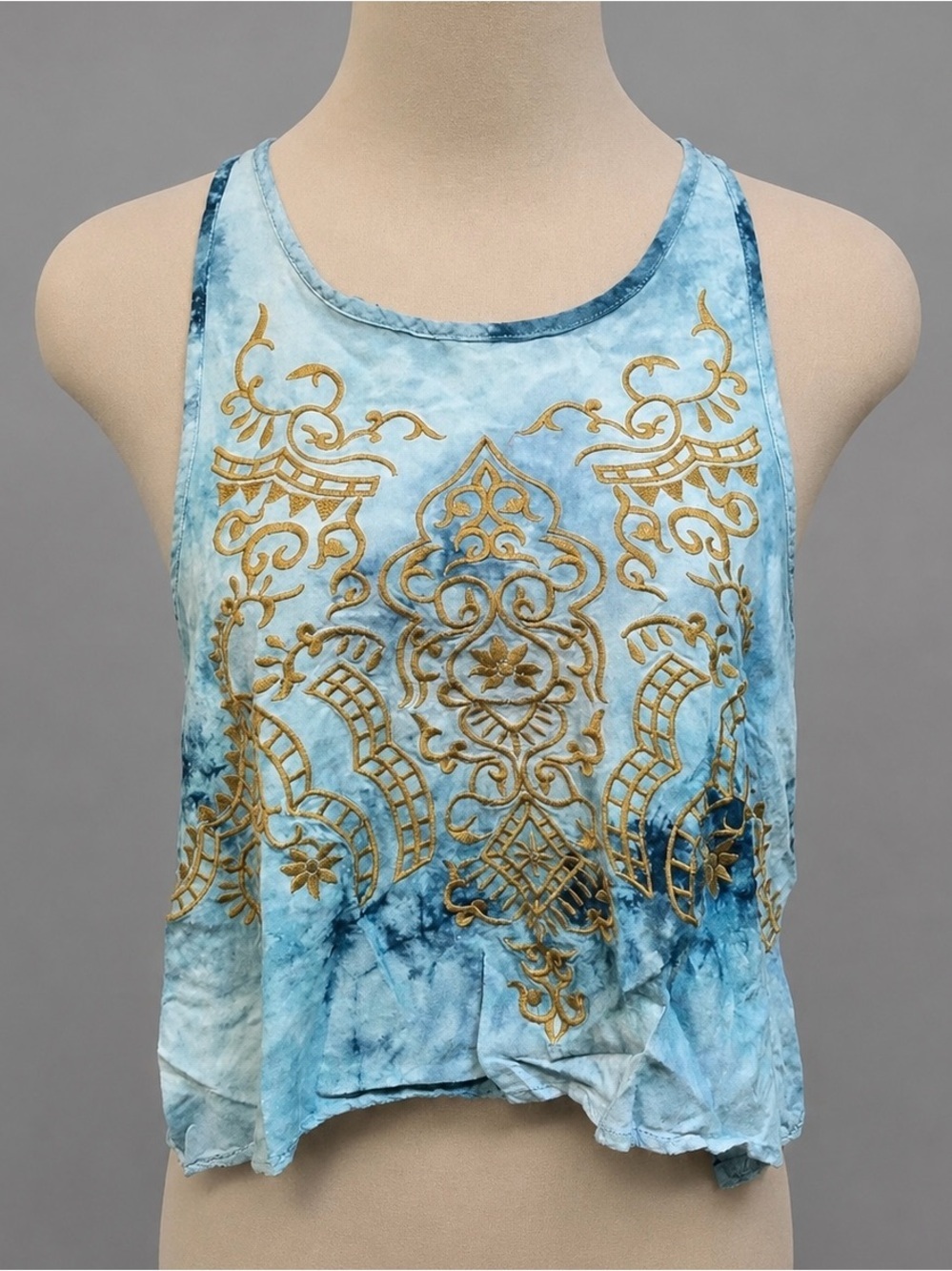 Tied Dye Embroidered Cropped BoHo Hipped Tank Top